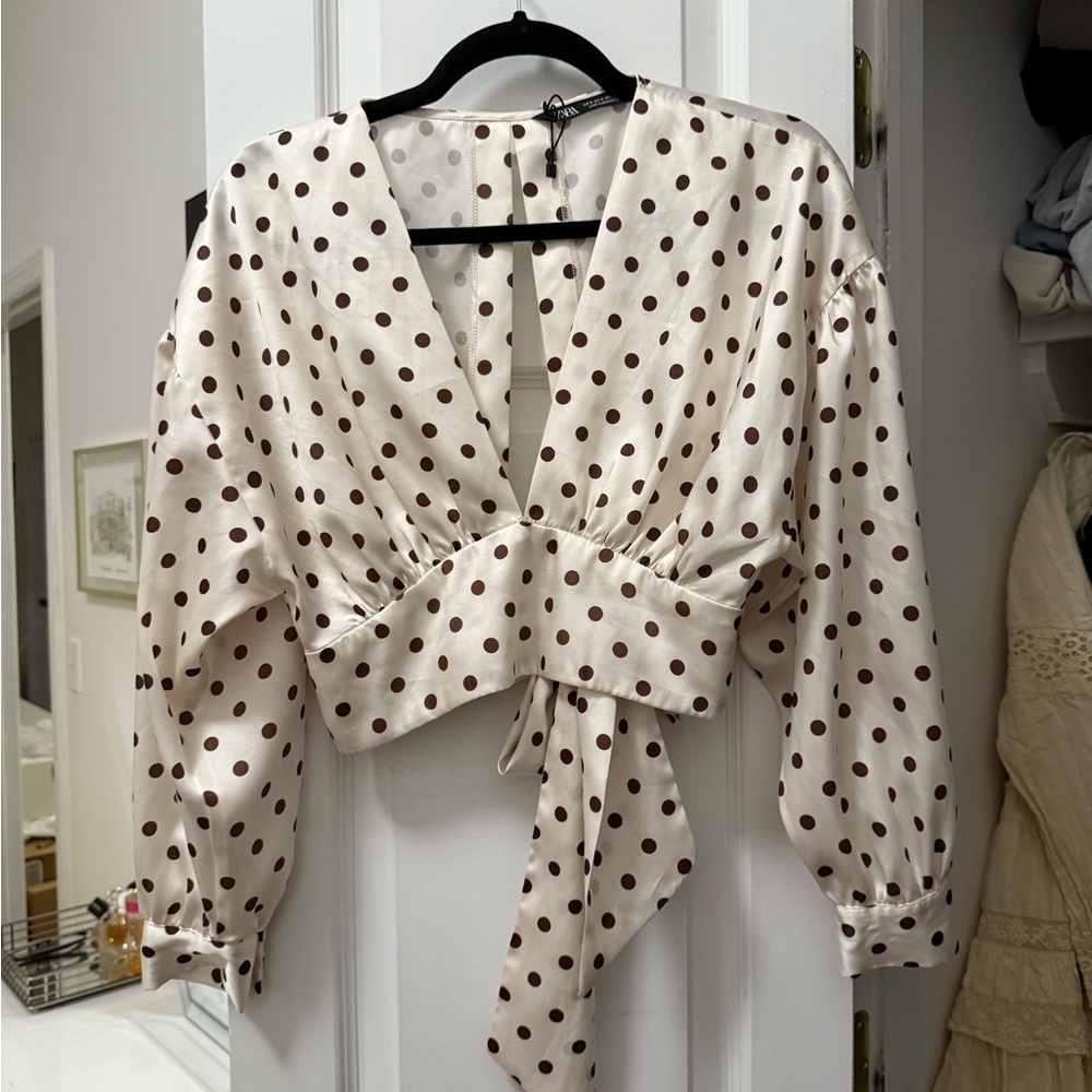 Zara Polka Dot Wrap Blouse - Cream and Brown